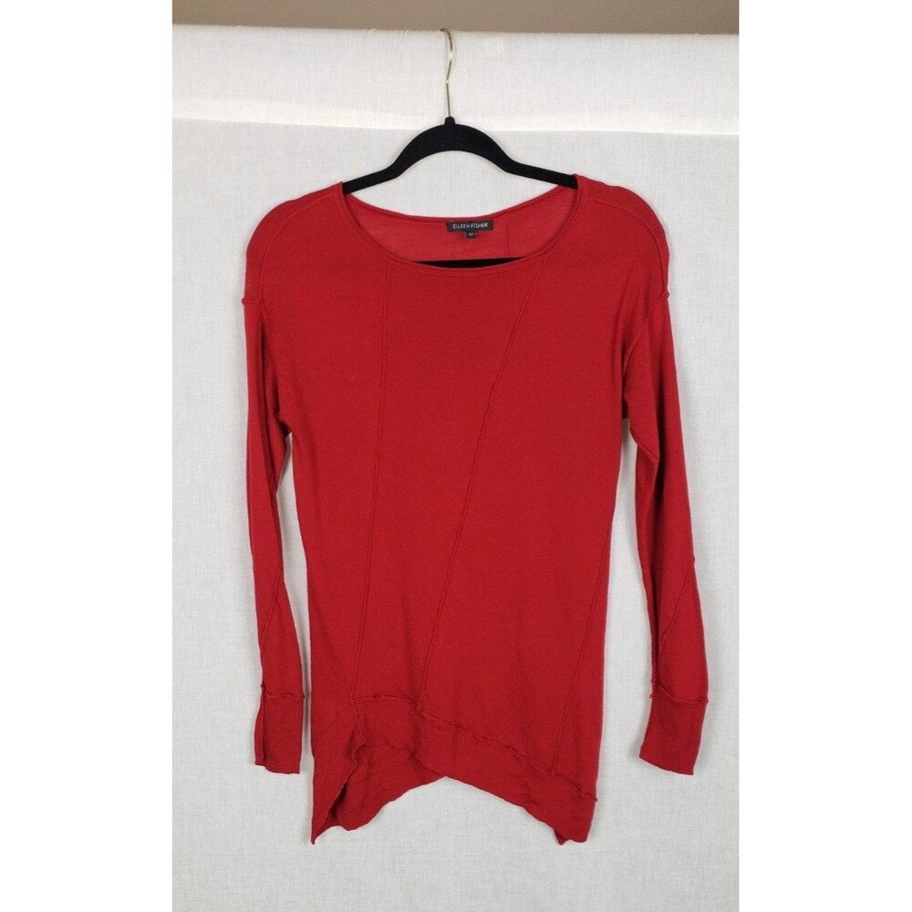 Eileen Fisher Knit Sweater Top XS Cherry Red Asymmetrical Hem 100% Merino Wool